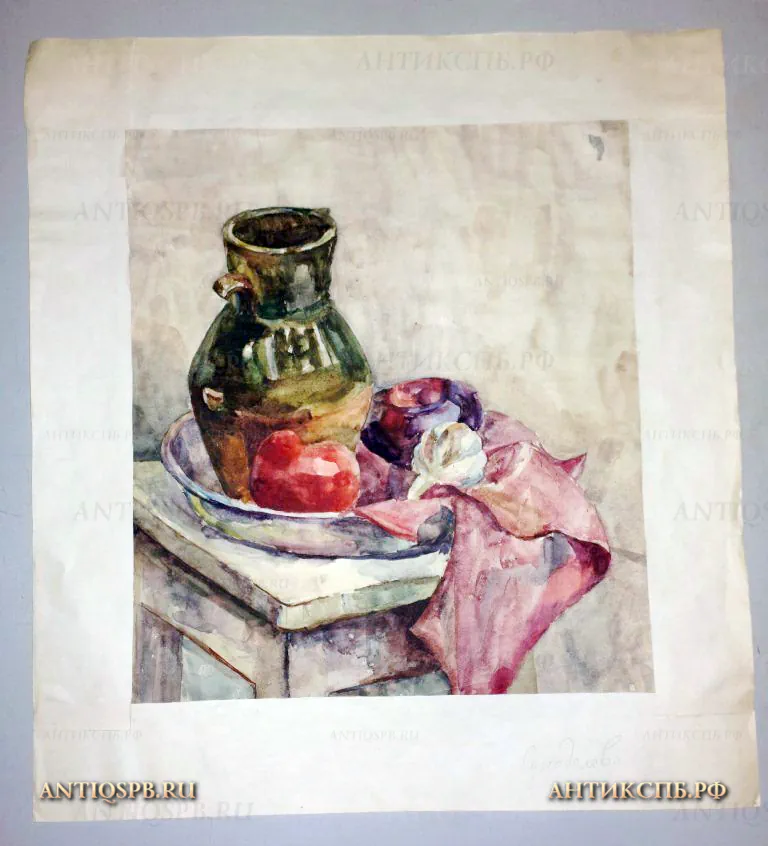 Картина натюрморт "Композиция из кувшина, фруктов, стула и драпировки". Бумага, акварель. Художник: Суходолова. Вт. пол. ХХ века. СССР. №19467.1